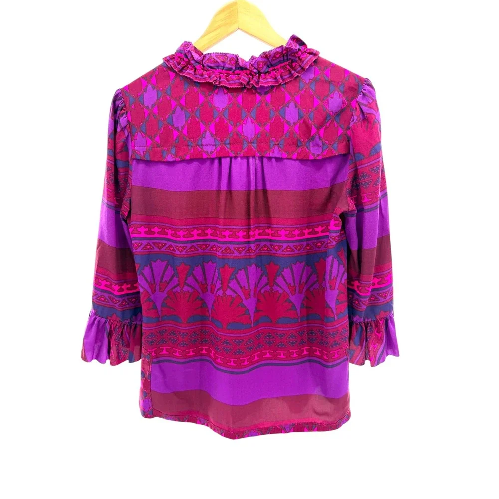Tory Burch Purple Silk Ruffle Tunic Blouse Geometric Print‎ 3/4 Sleeve Size 8